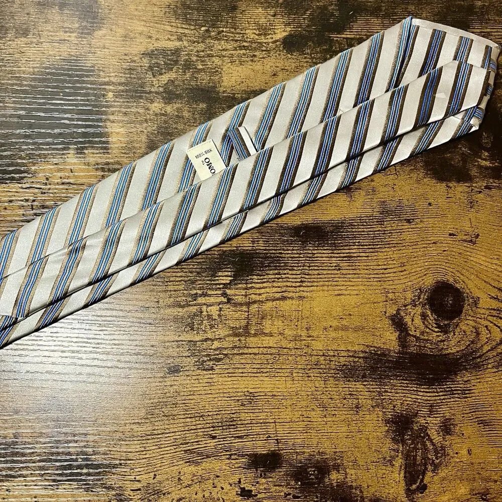 Pronto Uomo Men’s 100% Silk Necktie Silver Gray Blue Stripe Formal Tie